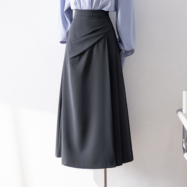Asymmetrical Shirred Midi A-Line Skirt with High Rise