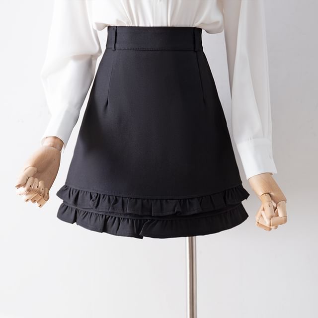 Ruffle Hem Layered Mini A-Line Skirt with High Waist