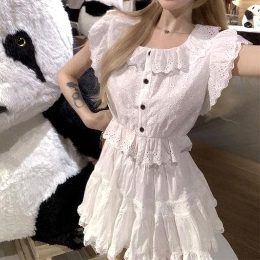 Mini Embroidered Trim Skirt A-Line Flower Lace Cap-Sleeve High Waist / Plain Blouse