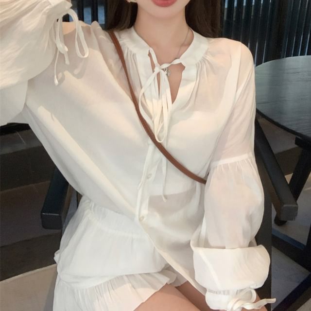 Waist High / Shorts Ruffle Plain Puff-Sleeve Shirt Lace-Up