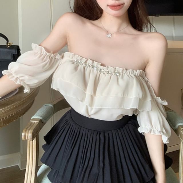 Ruffle Blouse Plain Puff-Sleeve Rhinestone Off-Shoulder