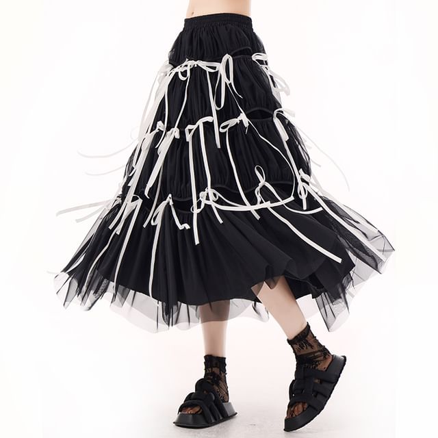 Bowknot Tiered Ruffle A-Line Midi Skirt with High Rise