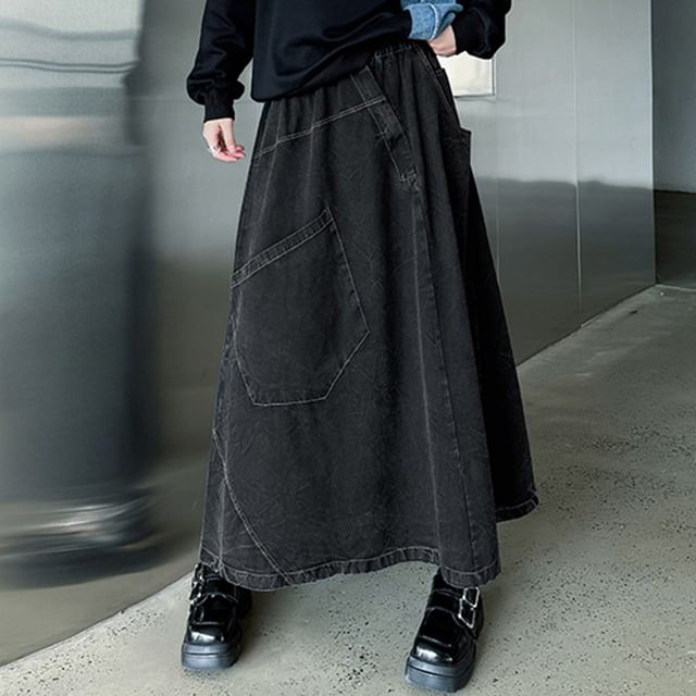 Patchwork Denim Maxi A-Line Skirt with High Waist