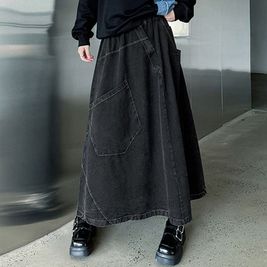 Patchwork Denim Maxi A-Line Skirt with High Waist