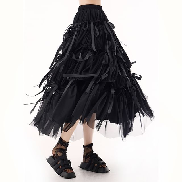 Bowknot Tiered Ruffle A-Line Midi Skirt with High Rise
