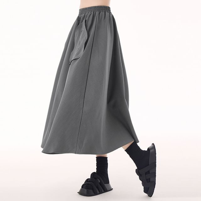Plain Flared Midi Skirt with High Waist