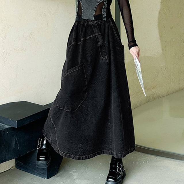 Patchwork Denim Maxi A-Line Skirt with High Waist