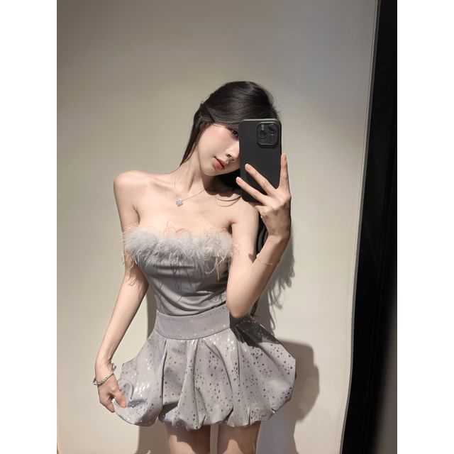 Furry-Trimmed Strapless Top with Glitter Mini Flared Skirt