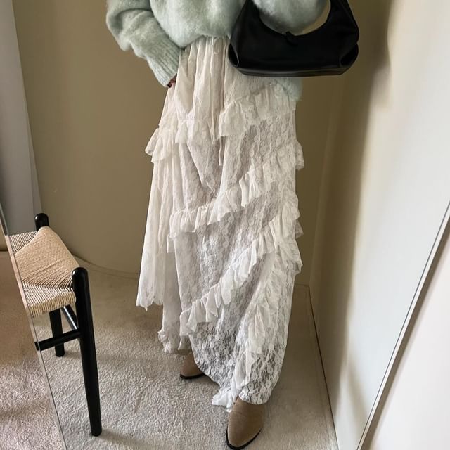 Lace-Trimmed Maxi Flared Skirt with Elevated Waistband