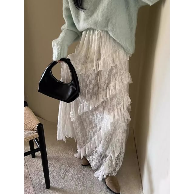 Lace-Trimmed Maxi Flared Skirt with Elevated Waistband