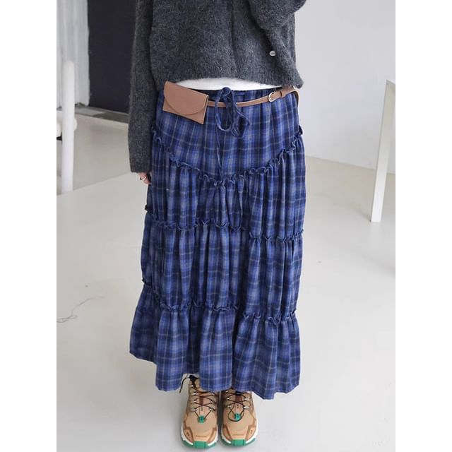 Tiered Midi Skirt with Plaid Pattern and High-Rise Fit
