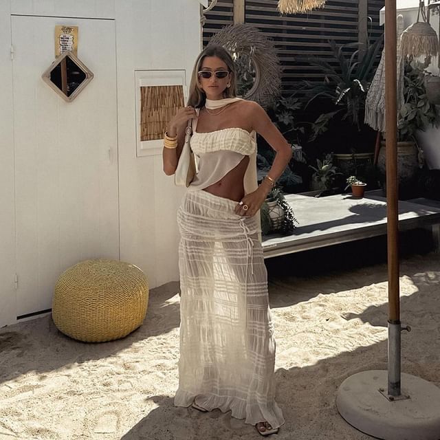 One-Shoulder Mesh Camisole with Ruched Asymmetry and Pencil Skirt