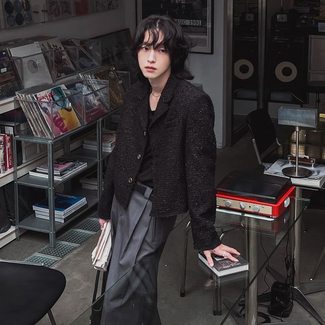 Notch Lapel Button-Up Plain Tweed Crop Jacket