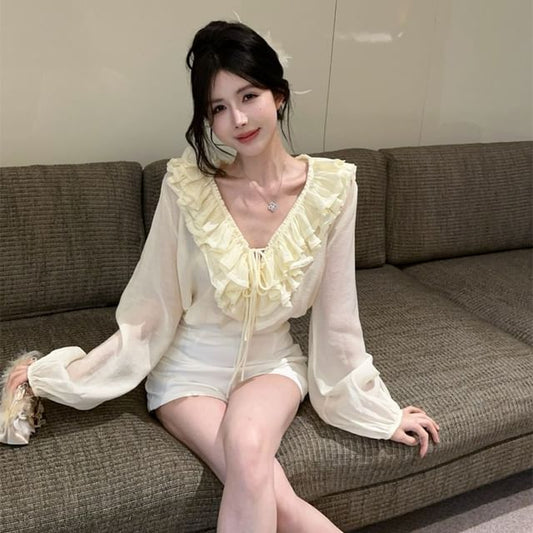 Long-Sleeve Ruffled V-Neck Blouse with Mini Flared Skirt