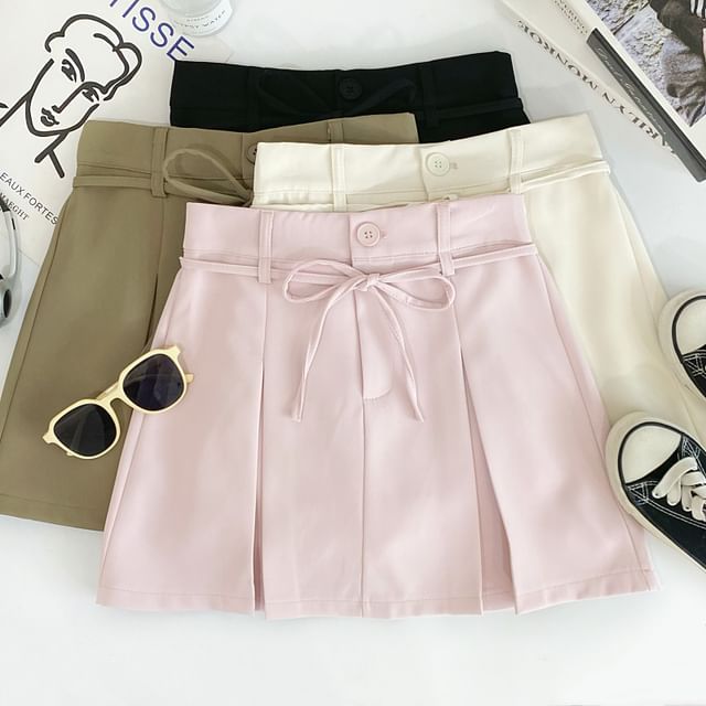 Pleated Mini Flared Skirt with Tie-Waist and High Waist