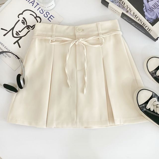 Pleated Mini Flared Skirt with Tie-Waist and High Waist