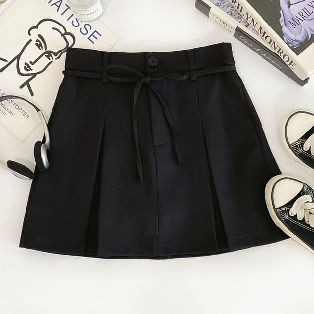 Pleated Mini Flared Skirt with Tie-Waist and High Waist