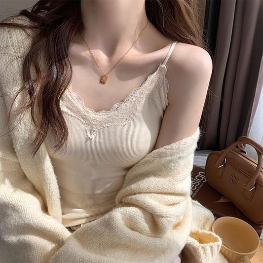Ribbed Top Lace Plain Camisole Padded Trim
