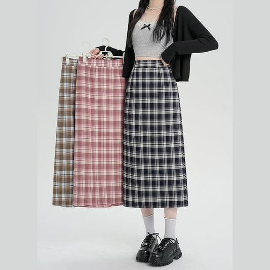 Plaid H-Line High Slit Skirt Midi Waist