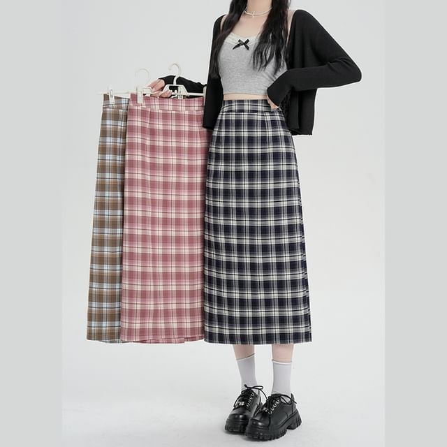 Slit Plaid Straight Midi Skirt with High Waist