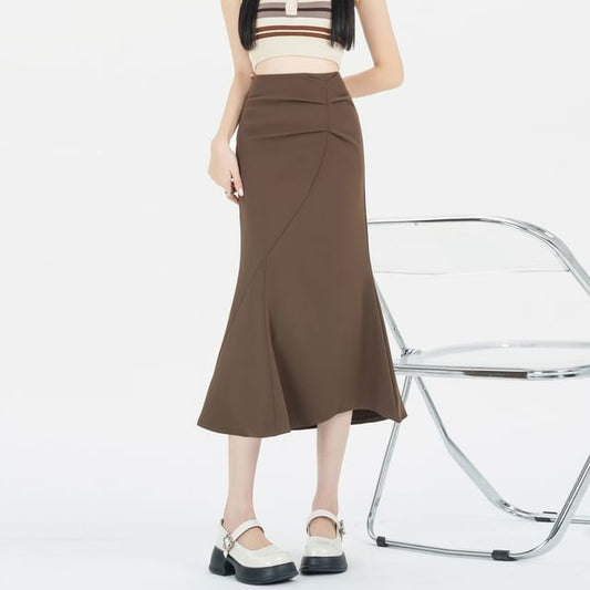Ruched Waist High Skirt Plain Fishtail Midi