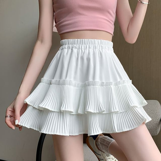 Tiered Pleated Skirt Accordion Plain Waist A-Line Mini Elastic