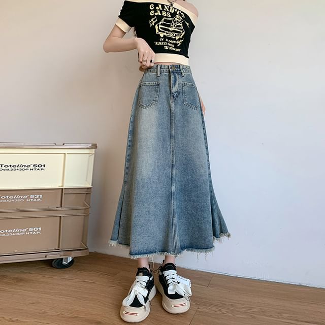 Fringed Denim Flared Midi Skirt with High-Rise Waist