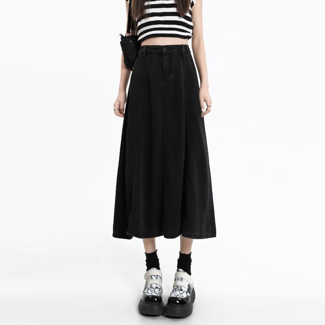 Denim A-Line Midi Skirt with High Rise and Plain Style
