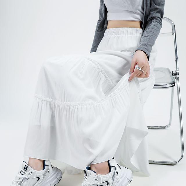 Plain Tiered Flared Midi Skirt with Stretchy Waistband