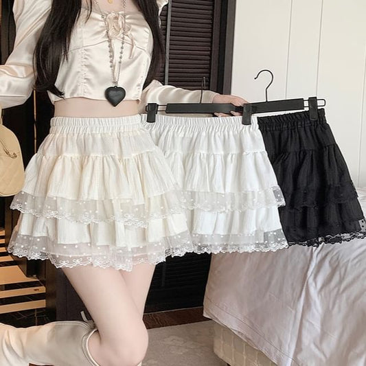 Lace Trim A-Line Tiered Skirt Mini Waist Plain Elastic