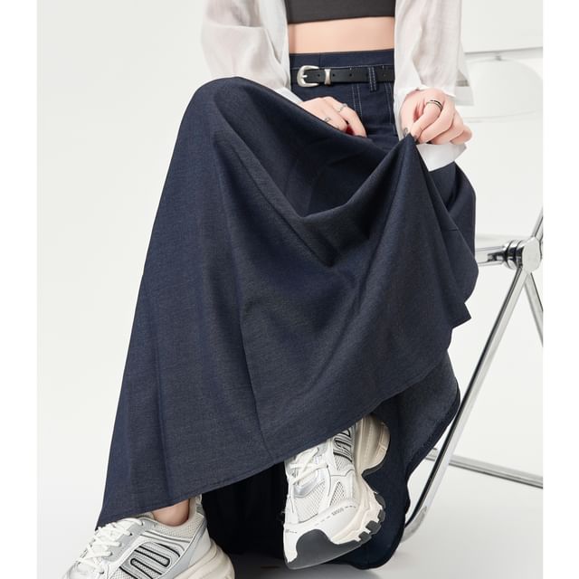 Pleated Denim Flared Midi Skirt with High Waist
