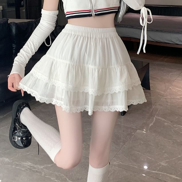 Elastic A-Line Balletcore Tiered Plain Lace Skirt Trim Waist Mini