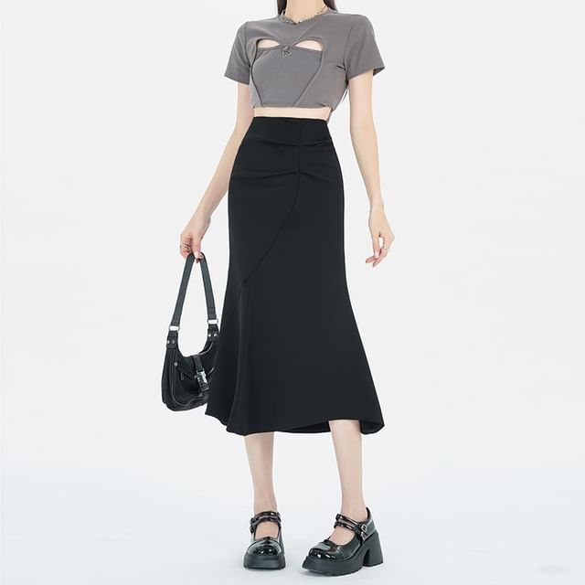 Ruched Fishtail Midi Skirt with High-Rise Waist
