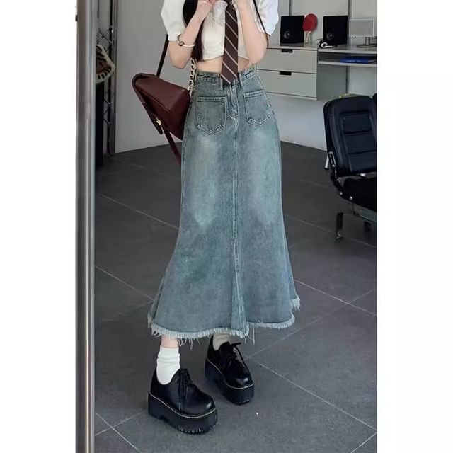 Fringed Denim Flared Midi Skirt with High-Rise Waist
