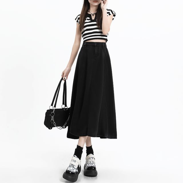 Denim A-Line Midi Skirt with High Rise and Plain Style