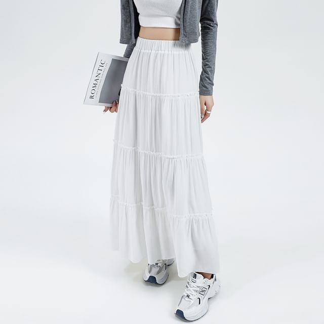 Plain Tiered Flared Midi Skirt with Stretchy Waistband