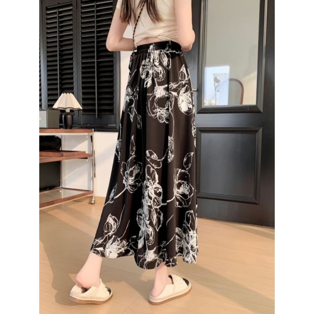 Skirt Waist A-Line Midi Floral Elastic