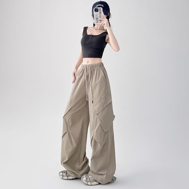 Plain Cargo Wide Waist Leg Pants Drawstring