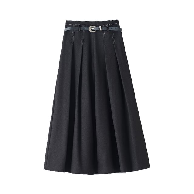 Pleated Denim Flared Midi Skirt with High Waist
