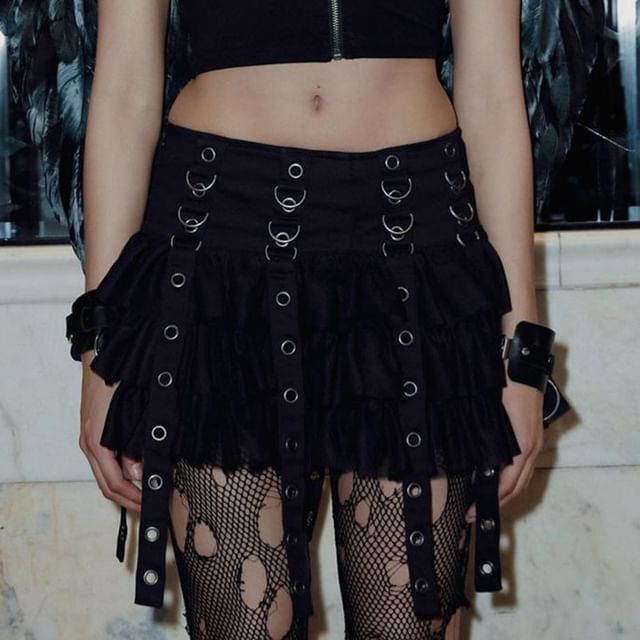 Layered Mini Flared Skirt with Grommet Straps and Low Waist
