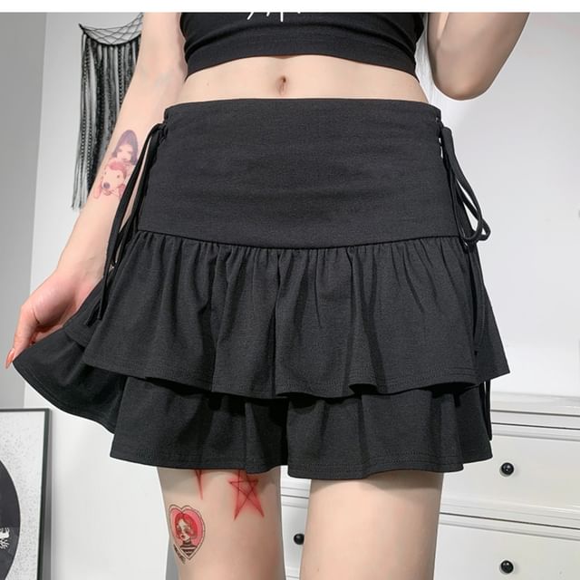Layered Mini Flared Skirt with Side Lace-Up and High Waist