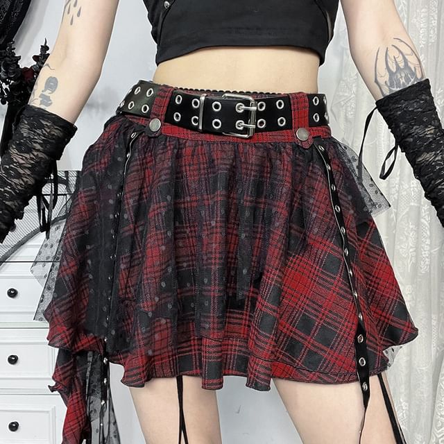 Plaid Mini Flared Skirt with Lace Ruffles and High Rise