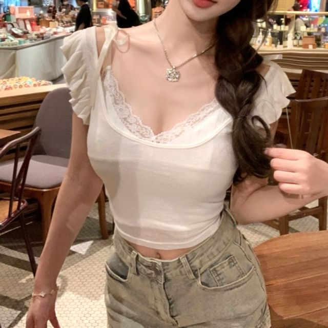 Cap-Sleeve Ruffle Scoop Lace Cami Neck Trim Tee Plain Cropped V-Neck Top /