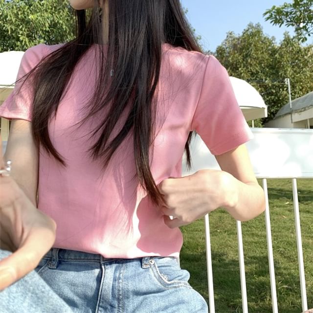 T-Shirt Plain Crewneck Crop Short-Sleeve