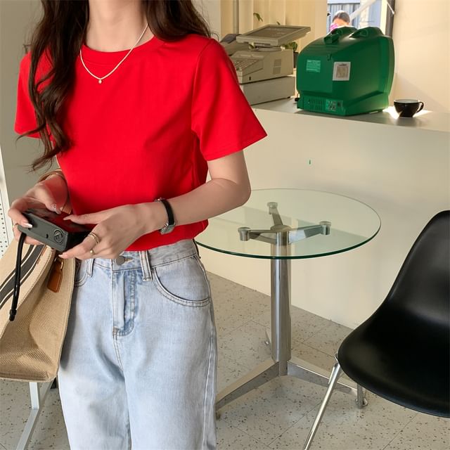 T-Shirt Plain Crewneck Crop Short-Sleeve