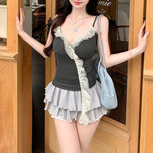 Panel Ruffle Camisole Top V-Neck