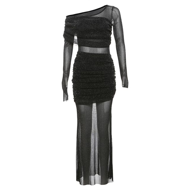 Long Sleeve Boat Neck Glitter Ruched Panel Mesh Maxi Sheath
