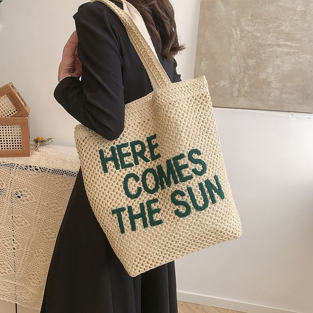 Letter Embroidered Woven Tote Bag