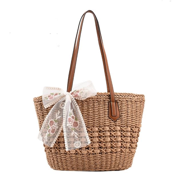Bag Embroidered Bow Lace Tote Floral Woven