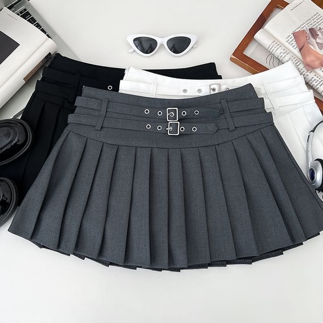 Belted Accordion Pleated Mini A-Line Skirt with High Waist